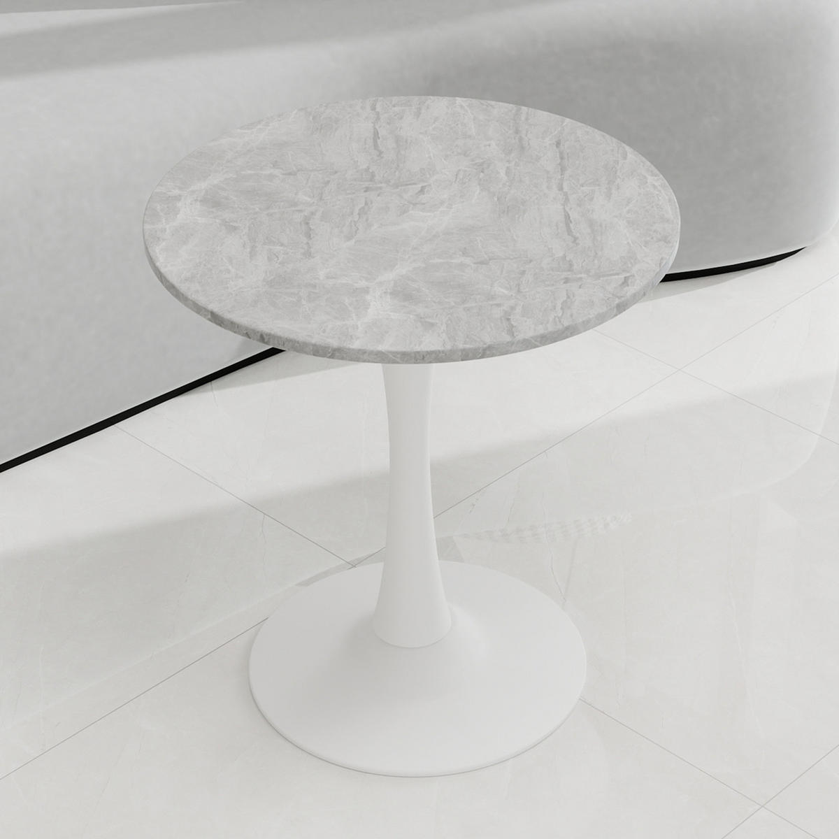 COUCHTISCH 70/70/72 cm Grau Weiß mit runder Kunstmarmorplatte im minimalistischen Design - Grau, Stein (70/70/72cm) - OKWISH
