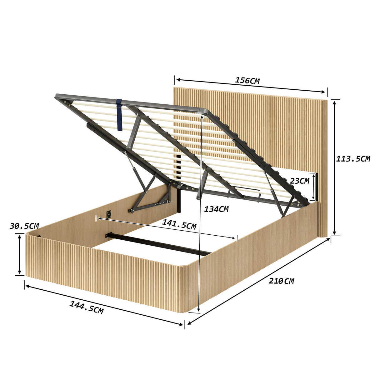 BETT 140/200 cm in Hell Eiche mit Bettkasten - Eichefarben, Holzwerkstoff/Metall (140/200cm) - WISHDOR