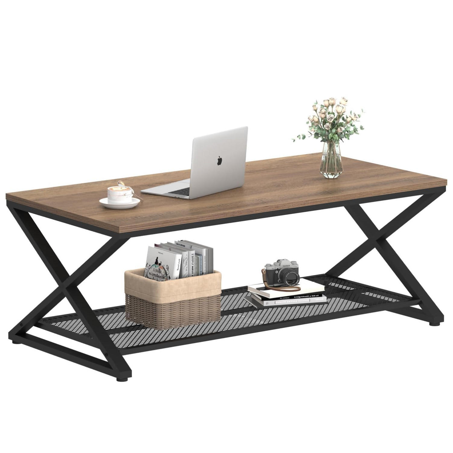 COUCHTISCH Holz Metall Industrial mit Ablage 120 x 60 x 45 cm - Walnussfarben, Holzwerkstoff/Metall (60/120/45cm) - Quality Elegance