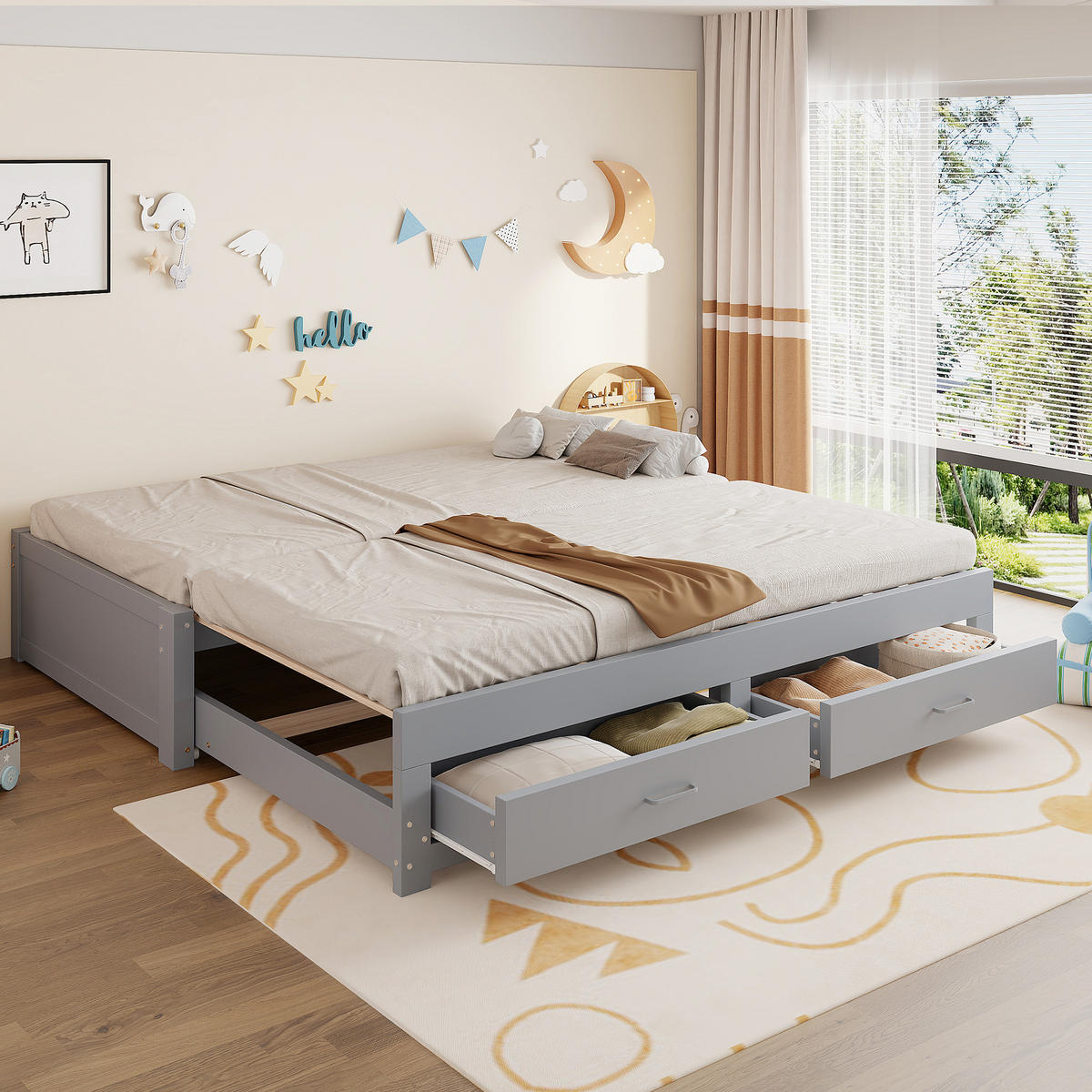 SCHLAFSOFA Grau aus Holz 90/180×190cm ausziehbar mit zwei Stauraumschubladen ohne Armlehnen - Grau, Holz (185/34.8/197cm) - Luhomfu