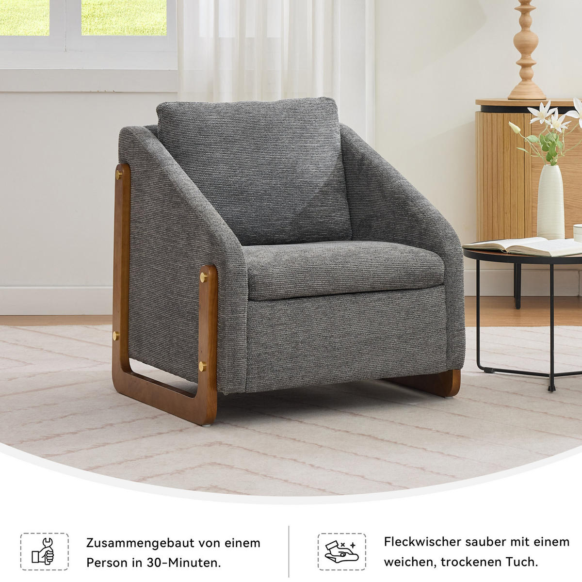 SESSEL 73,5/73,5/73,5 cm aus Chenille mit Holzarmlehnen in Grau - Grau, Textil (73.5/73.5/73.5cm) - BEAOK