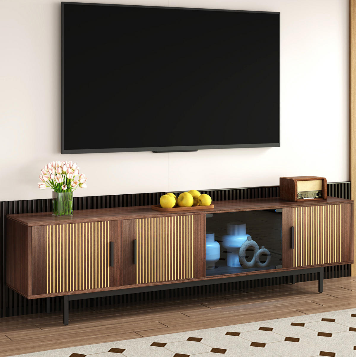 TV-LOWBOARD aus MDF und Holzwerkstoff 200x35x53 cm Schwarz/Walnussbraun mit LED-Lichtleiste und modernem Design - Schwarz, Holzwerkstoff (200/53/35cm) - Modfu