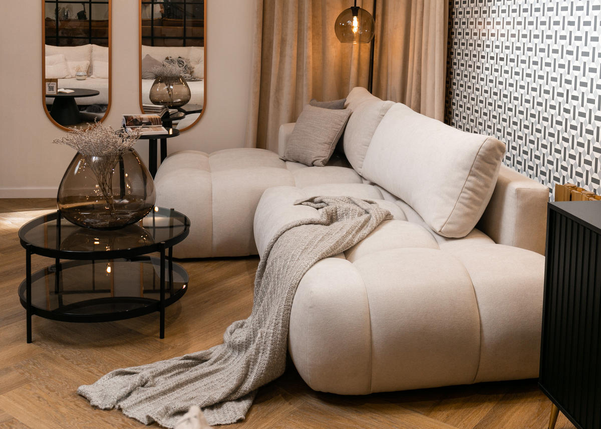 ECKSOFA Ombo Cremeweiß Chenille 280 cm - Creme/Schwarz, Kunststoff/Textil (284/167cm) - Selsey