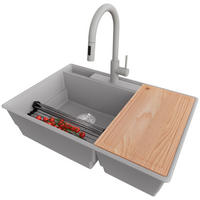 GRANITSPÜLE Paris, 2-er set Grau 78/53 cm 2 Becken + Küchenarmatur 40/20 cm + Ablauf-Set + Küchenzubehörset ab 80er Unterschrank - Chromfarben/Edelstahlfarben, Kunststoff (78/20/53cm) - Primagran