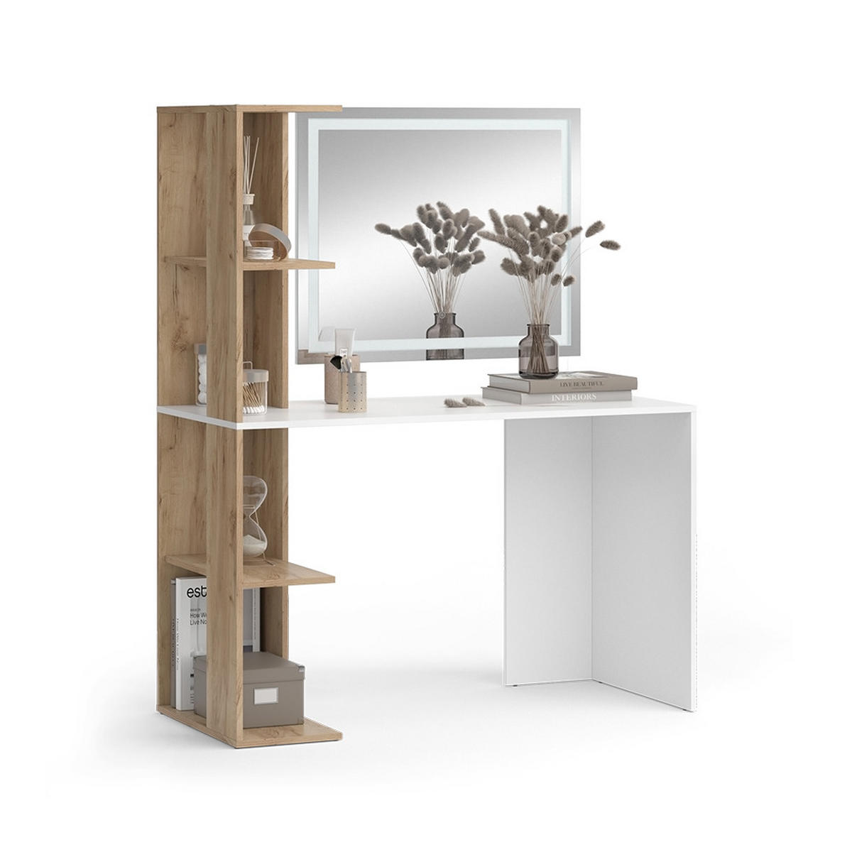 SCHMINKTISCH Tower Weiß/Sonoma 122.2 cm mit LED-Spiegel - Weiß/Sonoma Eiche, Holzwerkstoff (122.2/75.8/55.2cm) - Vicco