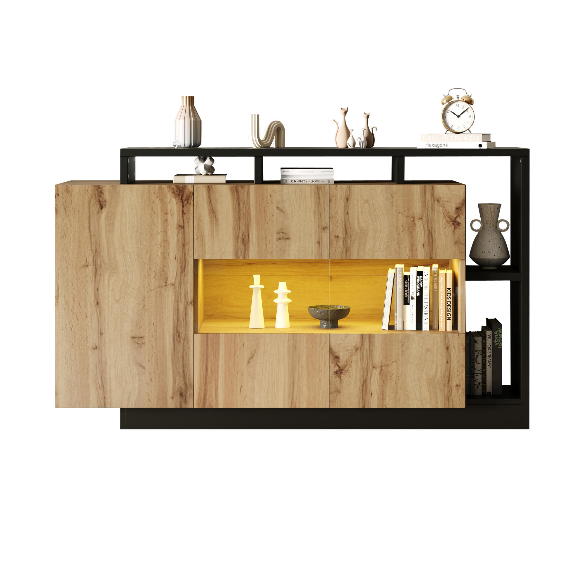 BOČNÍ skříň 140/44/93,5 cm dřevěná z MDF s LED osvětlením a Bluetooth ovládáním - přírodní, kompozitní dřevo (140/93.5/44cm) - OKWISH