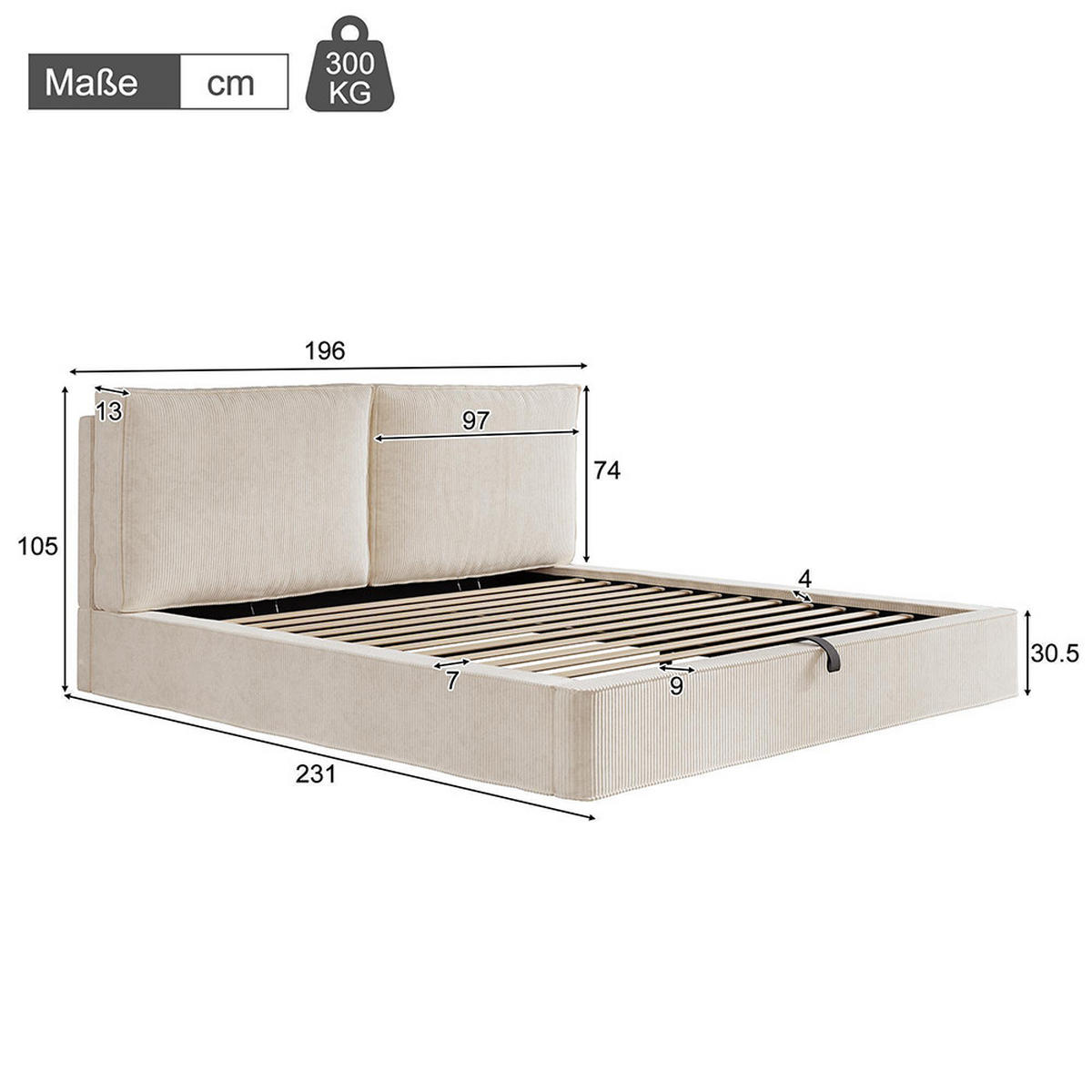 POLSTERBETT 180 x 200 cm, Bett mit Lattenrost, beige, Cord (gerippter Stoff) - Beige, Holz/Textil (180/200cm) - KOMHTOM