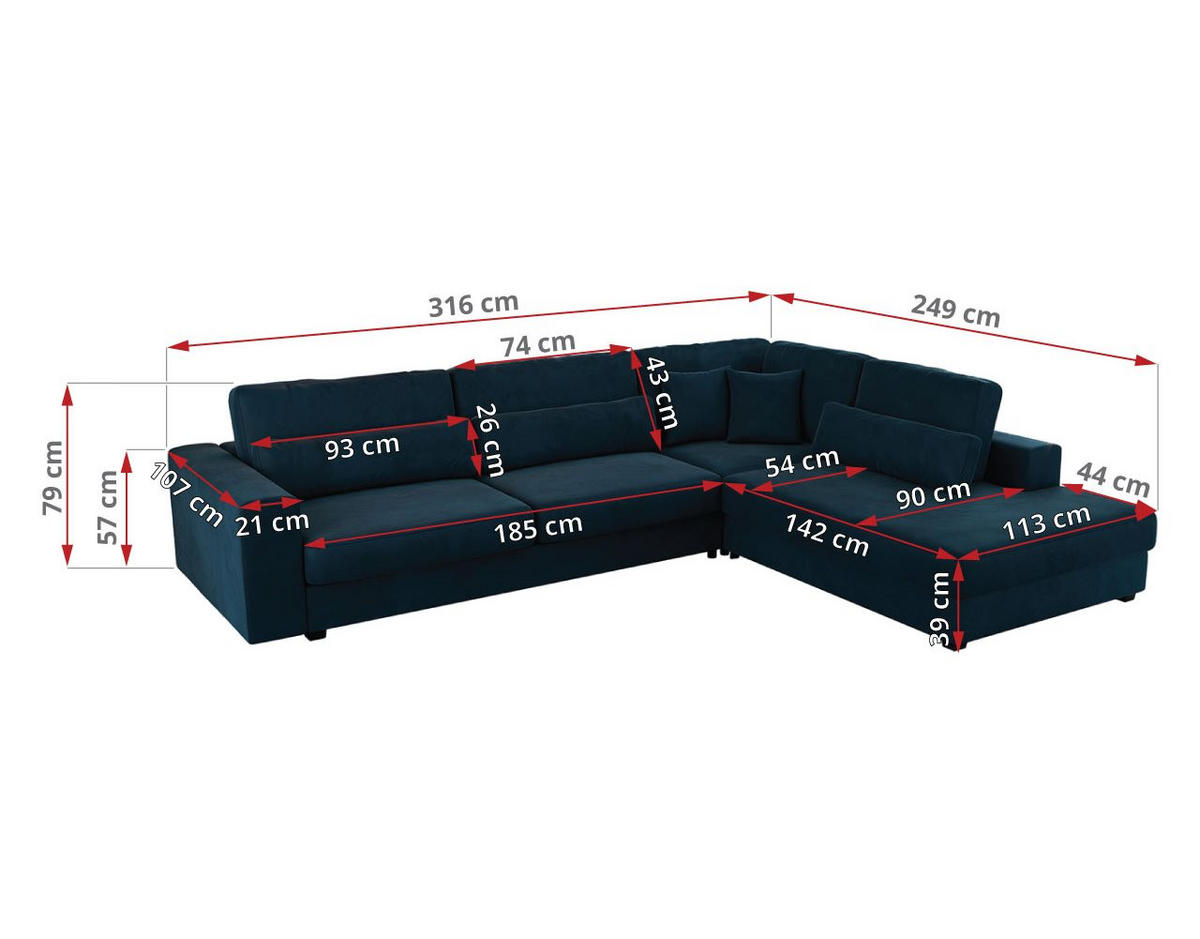 ECKSOFA Savona Dunkelblau Velvet - rechts - Schwarz/Dunkelblau, Kunststoff/Textil (249/316cm) - MKS