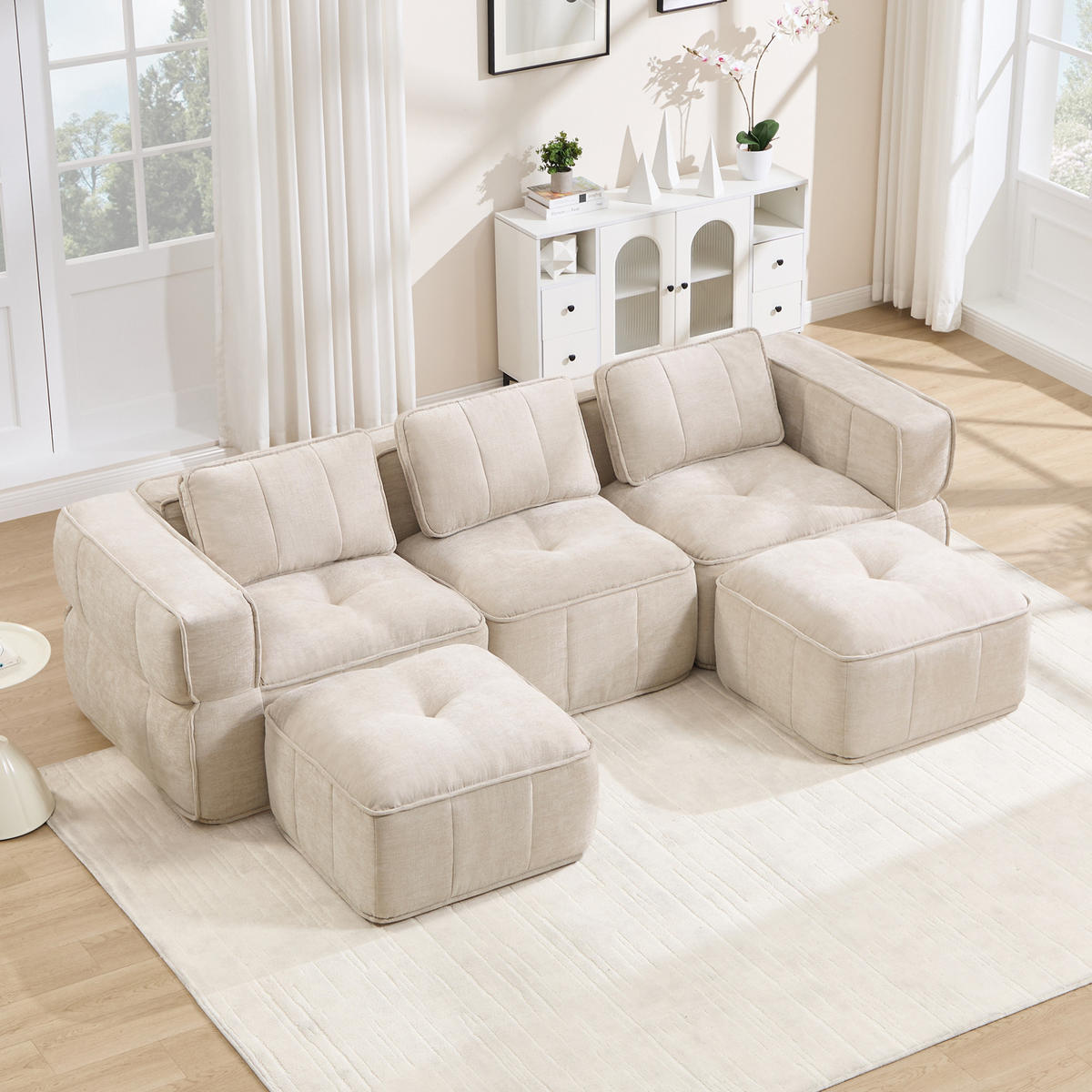 WOHNLANDSCHAFT 271/162/67 cm in Beige aus Polyester, rahmenlos und mit Hocker - Beige, Kunststoff (162/67/271cm) - Flora Grace