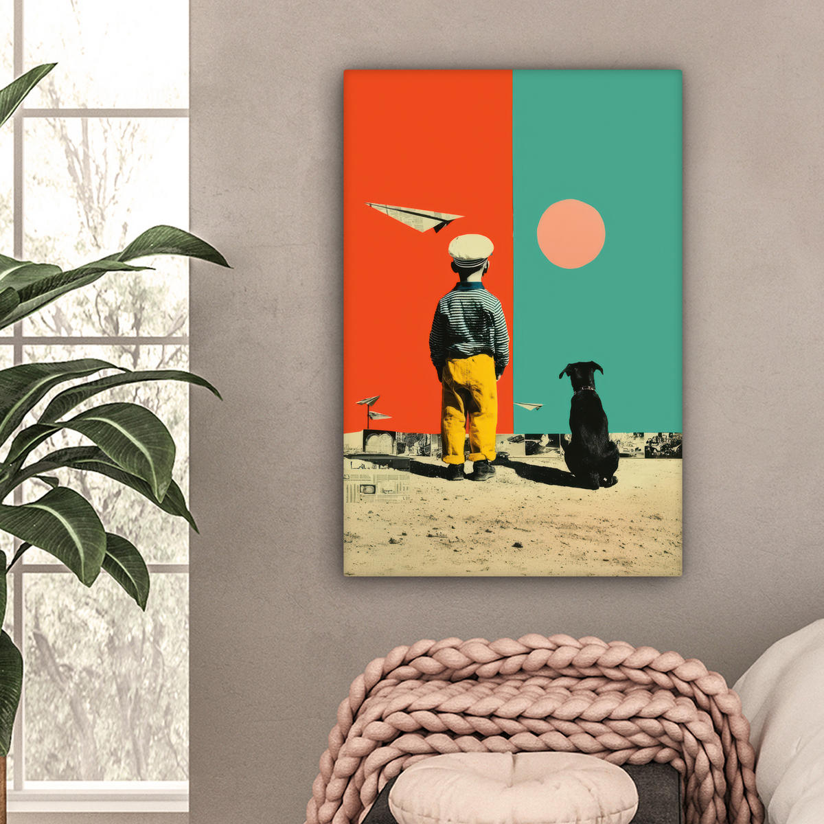 LEINWANDBILD Retro - Junge - Hund - Rot - Grün Wanddeko Schlafzimmer 60x90 cm - Orange, Textil (60/90cm) - MuchoWow