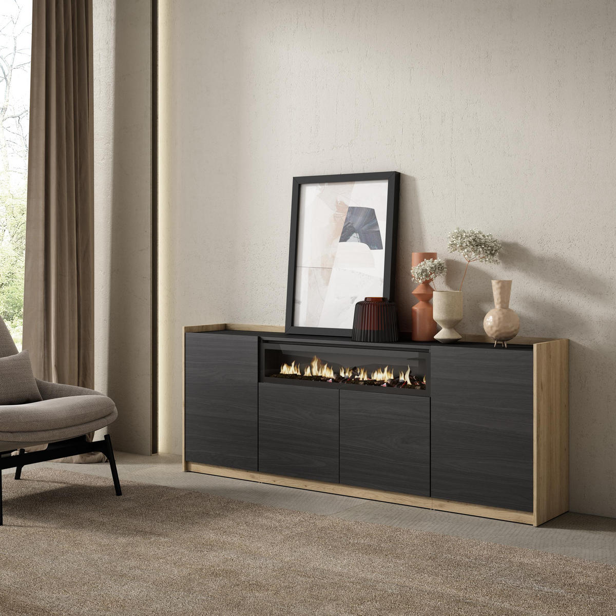 SIDEBOARD, Highboard, Schwarz Eiche, Elektrokamin, 207/37/80cm - Schwarz, Holzwerkstoff (207/80/37cm) - Skraut Home