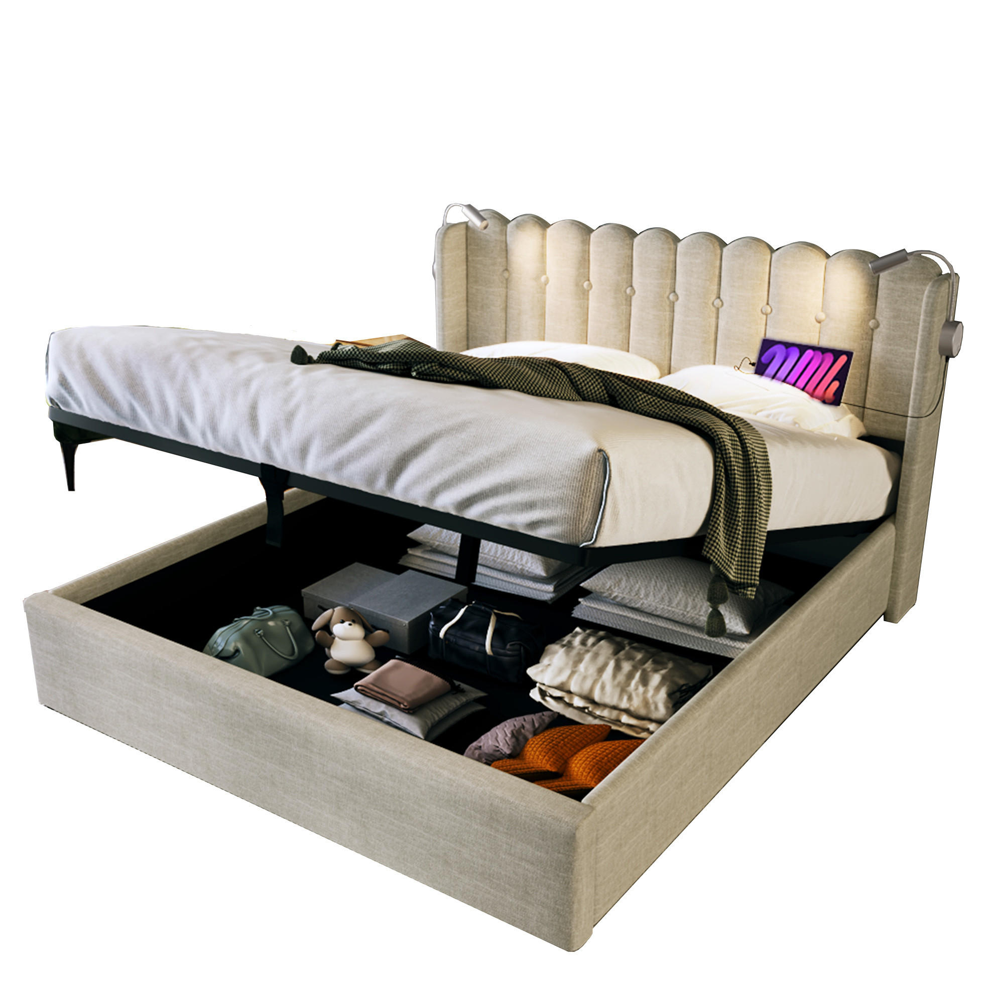 POLSTERBETT 140/200 cm mit Bettkasten, Leselicht und USB, gepolstertes Kopfteil - Beige, Textil (140/200cm) - BEAOK