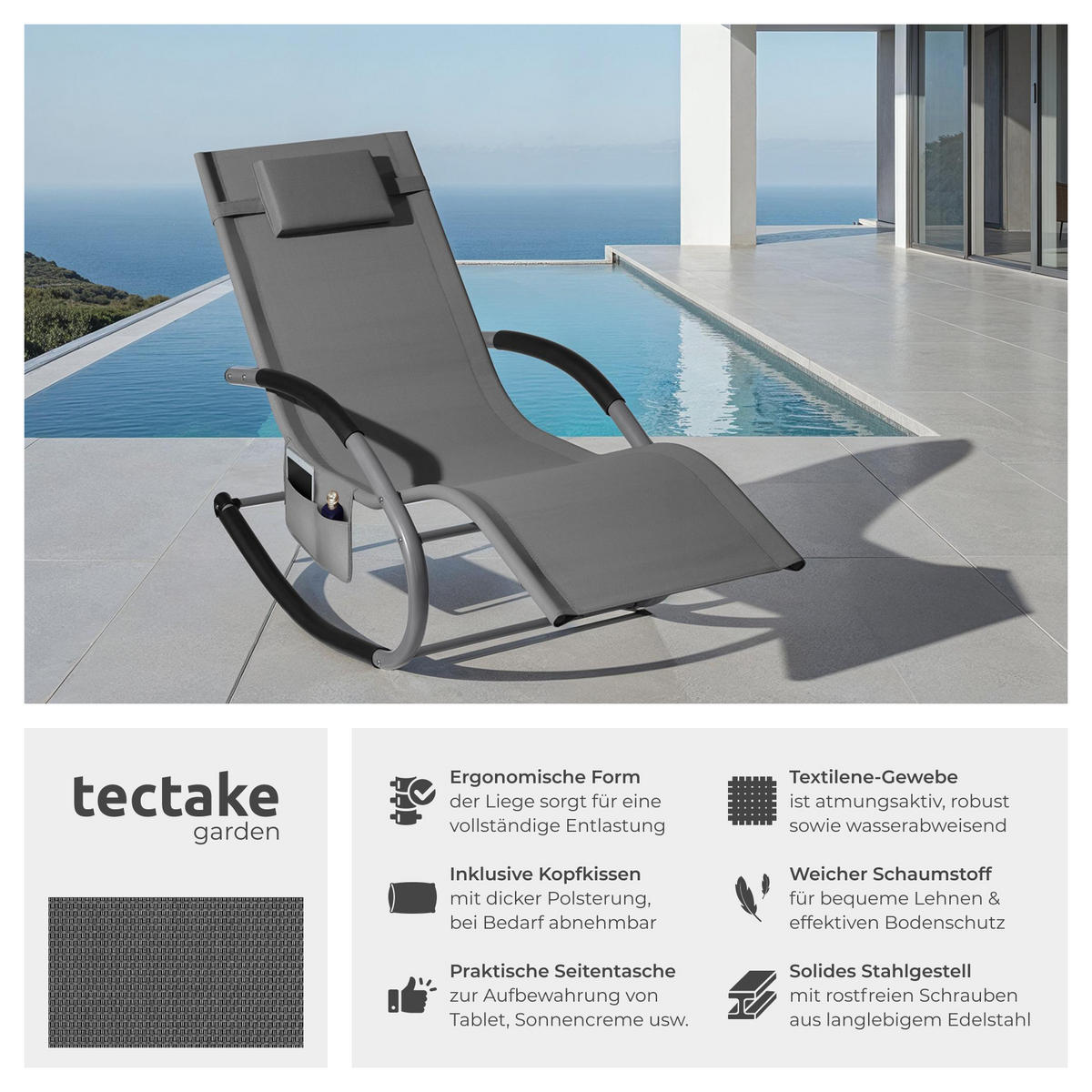 GARTENLIEGE Taya,abnehmbares Kopfpolster, seitliche Aufbewahrungstasche,grau - Grau, Kunststoff (62/92/142cm) - tectake