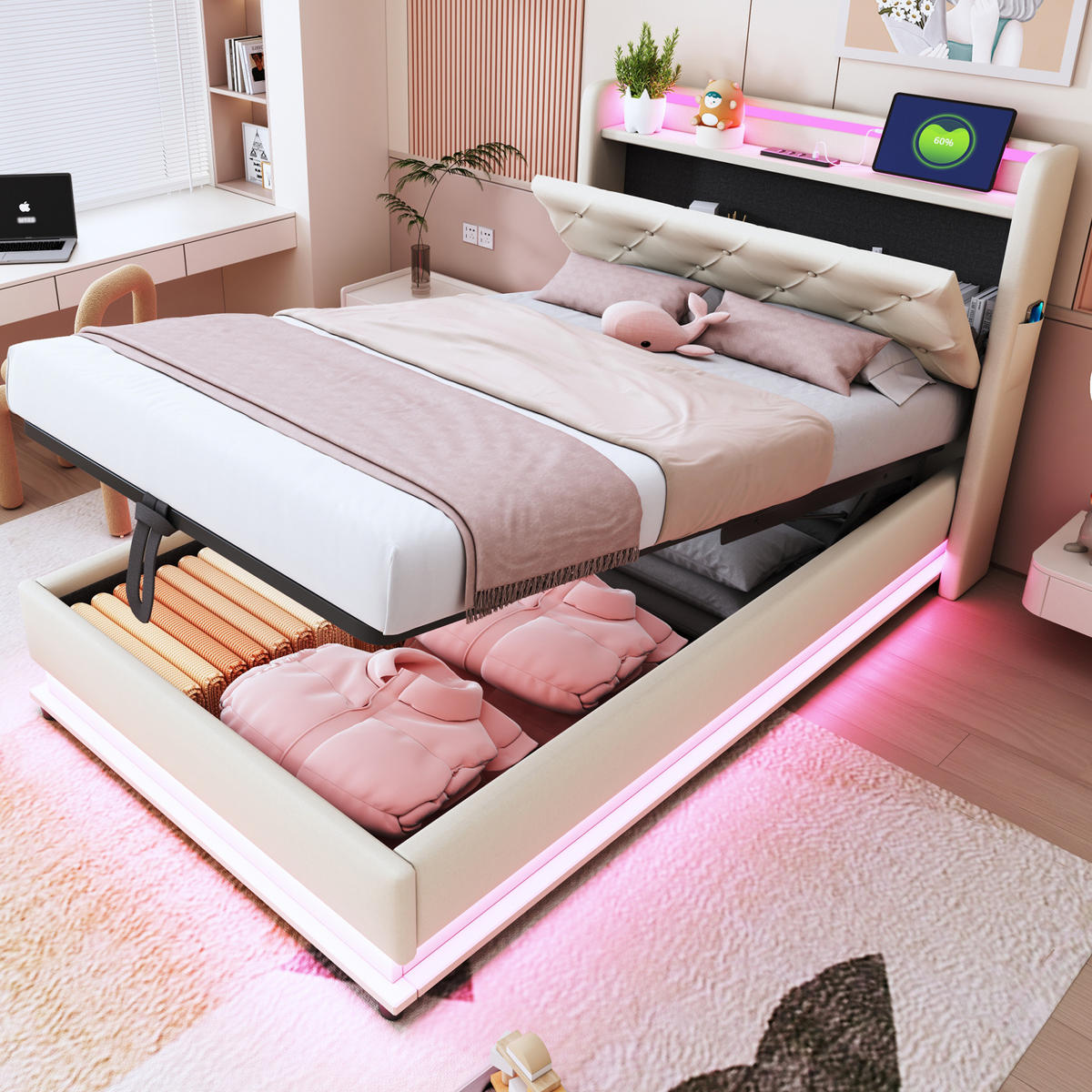 KINDERBETT 90/200 cm Beige aus Leinenstoff mit LED und Stauraum - Beige, Textil (90/200cm) - OKMYHOME