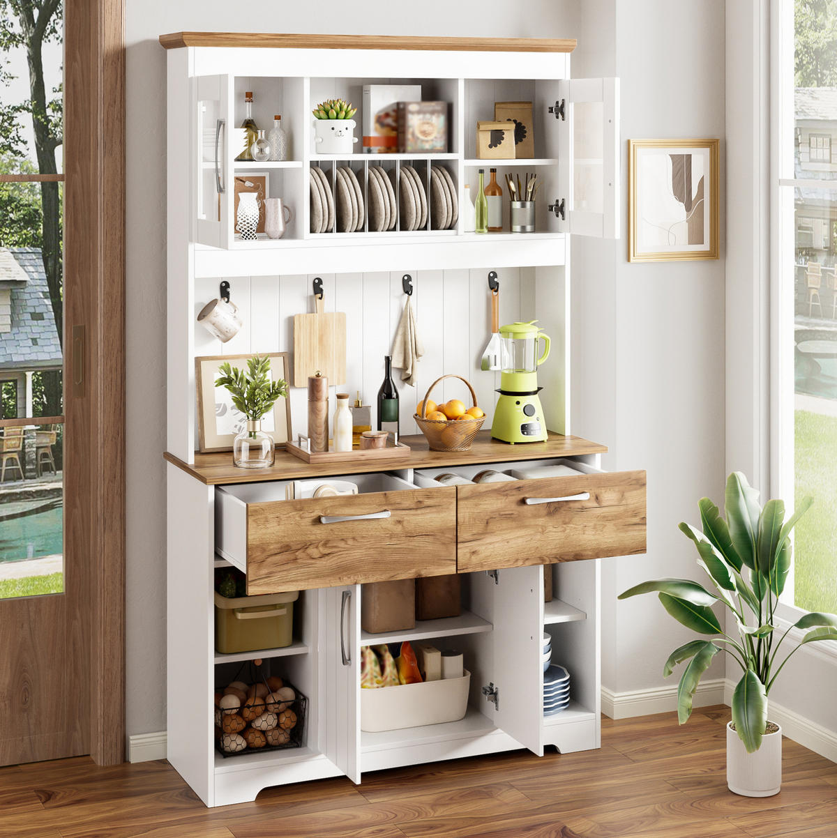BUFFET aus Spanplatte 106x39x176,5 cm Weiß/Natur mit Vitrinenfächern, 2 Schubladen und Hakenleiste - Naturfarben, Holzwerkstoff (106/176.5/39cm) - Modfu