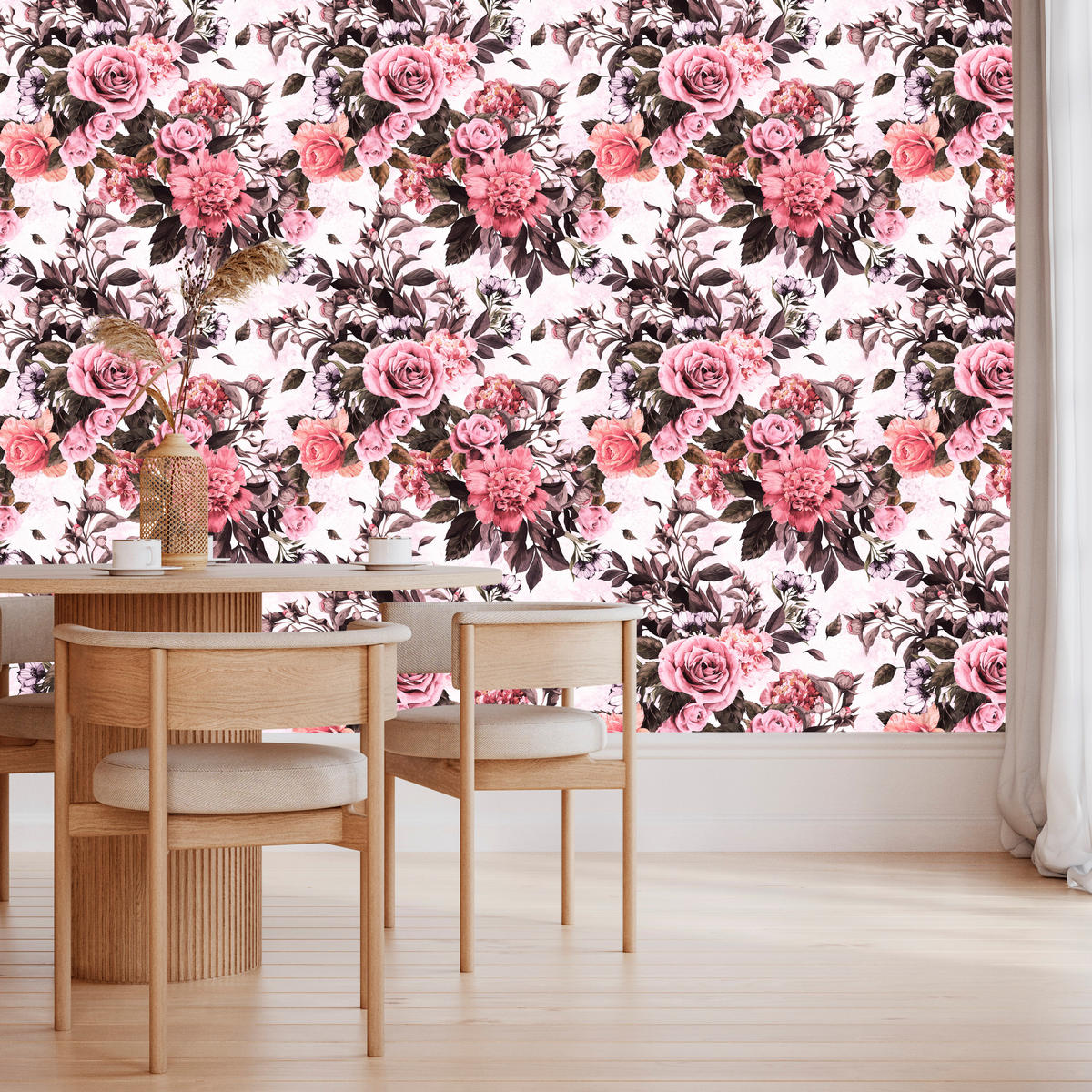 VLIESTAPETE Vintage-Rosen und Pfingstrosen – Rosa, Schwarz, Weiß – 50x1000 cm - Schwarz/Rosa, Papier (50/1000cm) - Muralo
