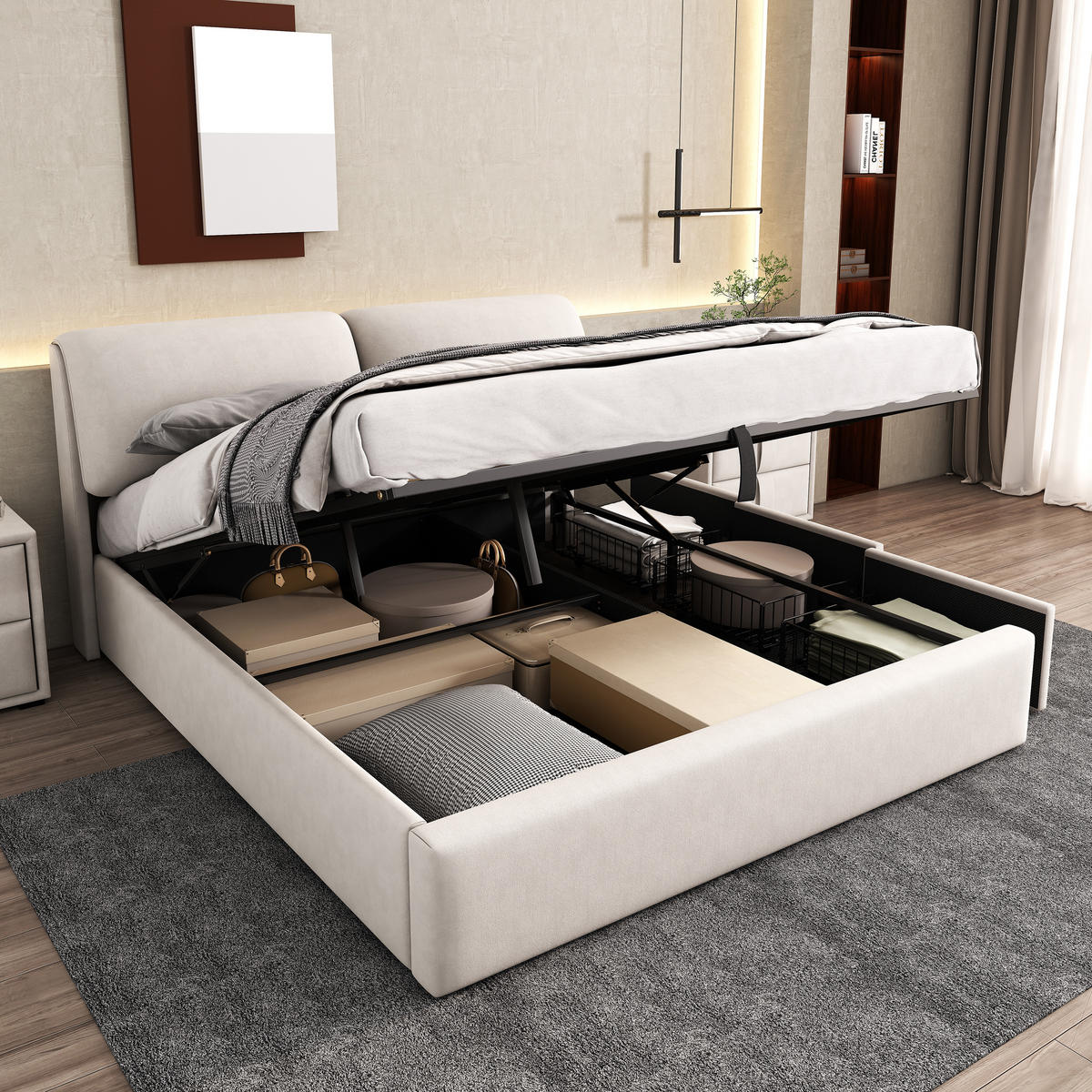 POLSTERBETT Beige Samt 180x200 Hydraulik 3 Schubladen - Beige, Textil (180/200cm) - FLIEKS