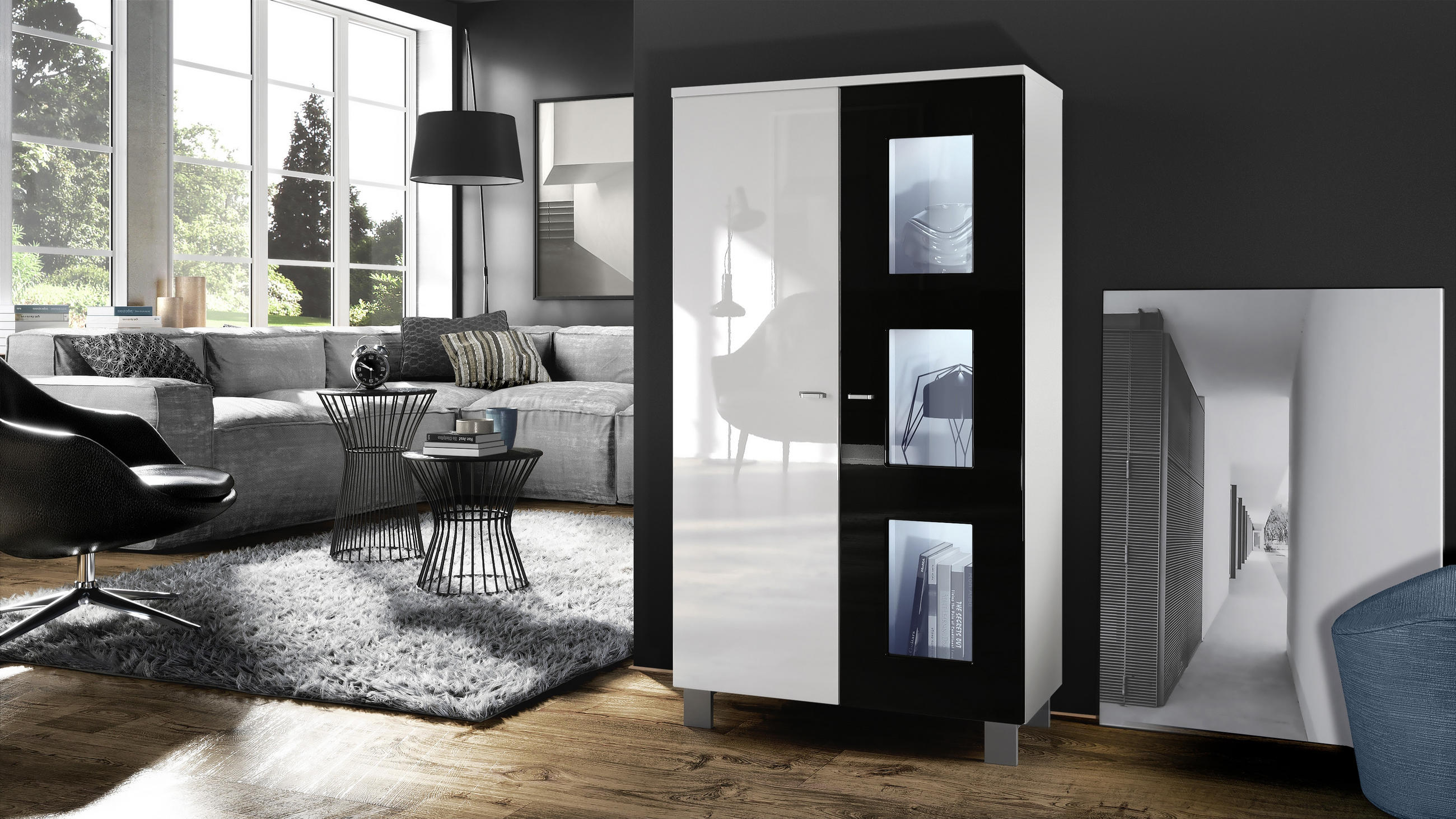 VITRINE Denjo Tür in Schwarz Hochglanz - Schwarz Hochglanz, Holzwerkstoff (71/129/35cm) - Vladon