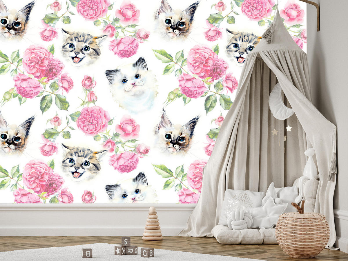 FOTOTAPETE für Badezimmer Kätzchen Rosen Blumen 100x70 - Beige/Rosa, Papier (100/70cm) - Muralo