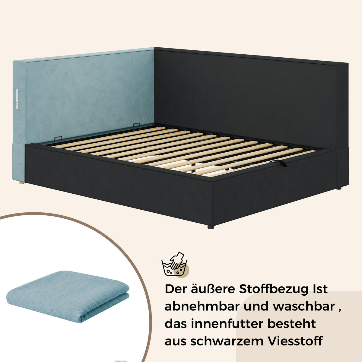 DAYBETT 140x200 cm, Blau, Samt, LED, USB/Typ-C - Blau, Textil (140/200cm) - FLIEKS
