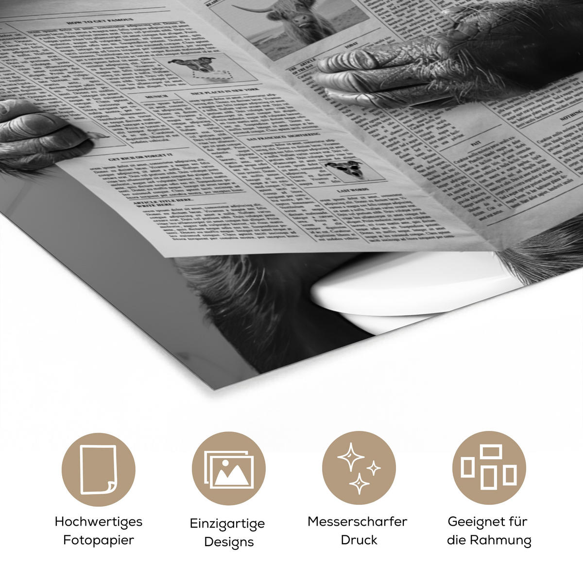 POSTER Affe - WC - Zeitung - Schwarz-Weiß - Humor 60x80 cm - Hellgrau, Papier (60/80/0.1cm) - MuchoWow