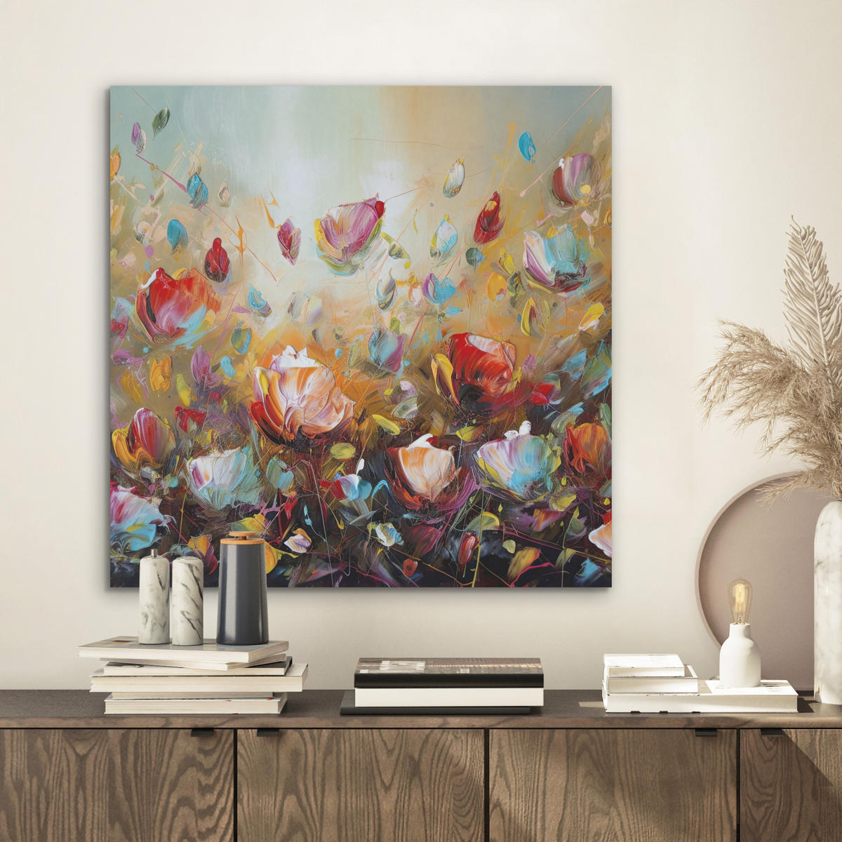 AKUSTIKBILD Blumen - Kunst - Natur - Ölgemälde Wandbilder 60x60 cm - Multicolor, Kunststoff (60/60/0.9cm) - MuchoWow