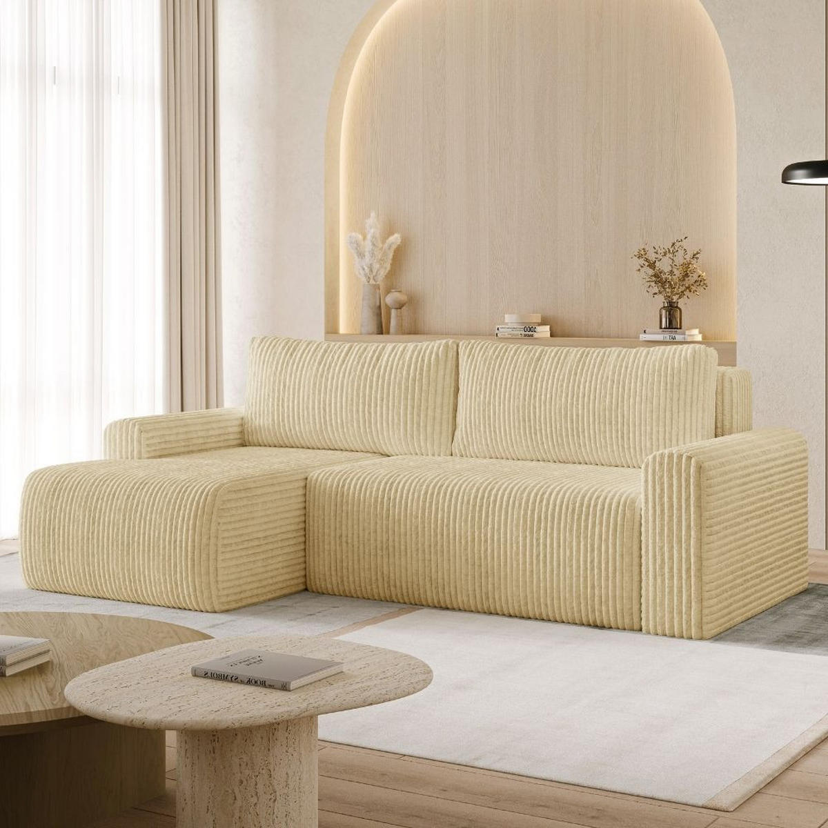 ECKSOFA MILO SMALL mit Schlaffunktion und Bettkasten, Links - TILIA 08 - Creme, Holz (240/142cm) - Dekori_Interiors