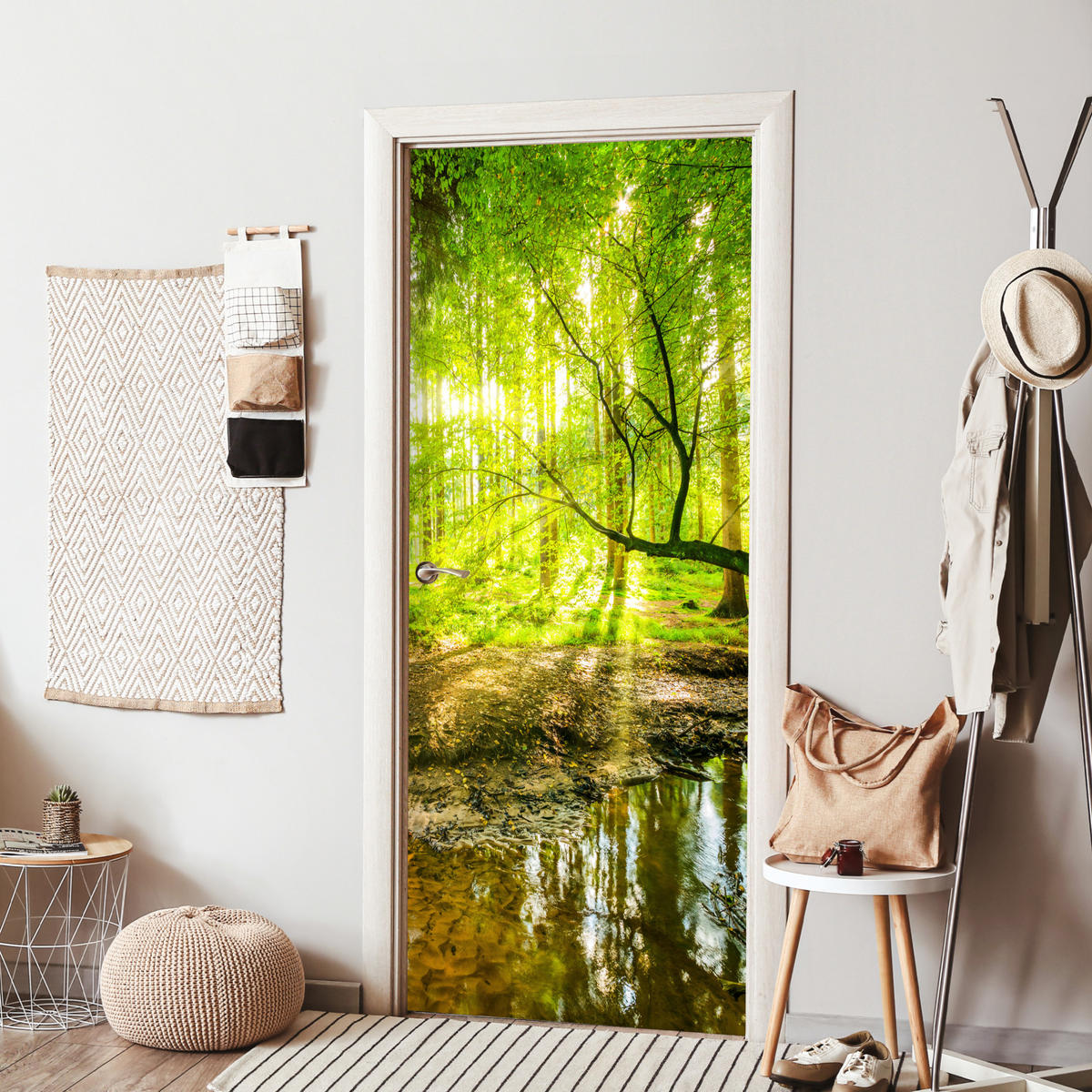 TÜRAUFKLEBER Selbstklebend - Wald - Landschaft - Wasser - Bäume - Sonne - Grün - Natur 80x205 cm - Türtapete - Hellgrün, Kunststoff (80/0.1cm) - MuchoWow