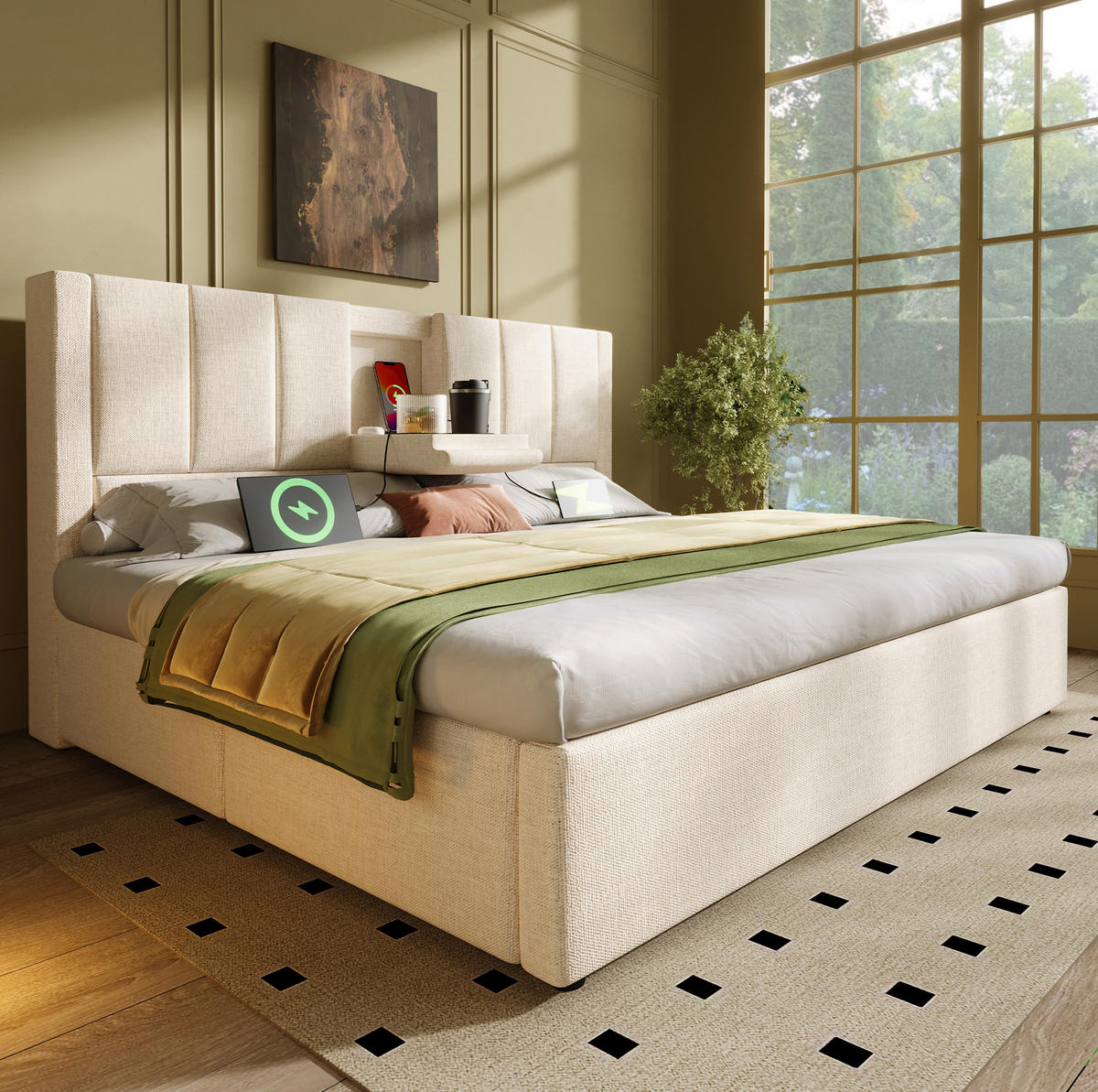 POLSTERBETT 180/200 cm Beige aus Leinen mit Stauraum und USB- und Type-C-Anschlüssen - Beige, Textil (180/200cm) - Flora Grace