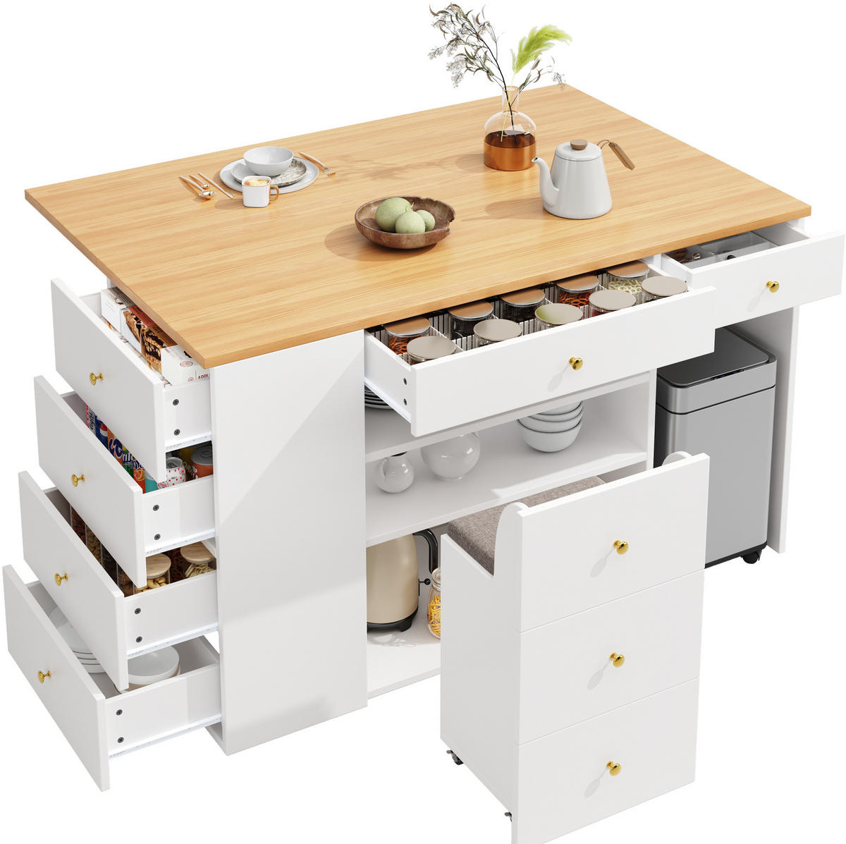 KUCHYNSKÝ ostrovček 140/40(70)/89 cm biely z MDF a kovu so 6 zásuvkami a taburetom - biela, kompozitné drevo (140/89/70cm) - OKWISH