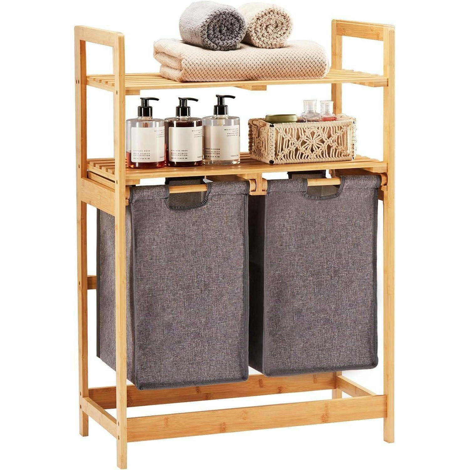 WÄSCHEKORB Bambus mit 2 Ablagen und 2 Wäschesäcken Grau 93 x 64 x 33 cm - Grau, Naturmaterialien (64/33/93cm)
