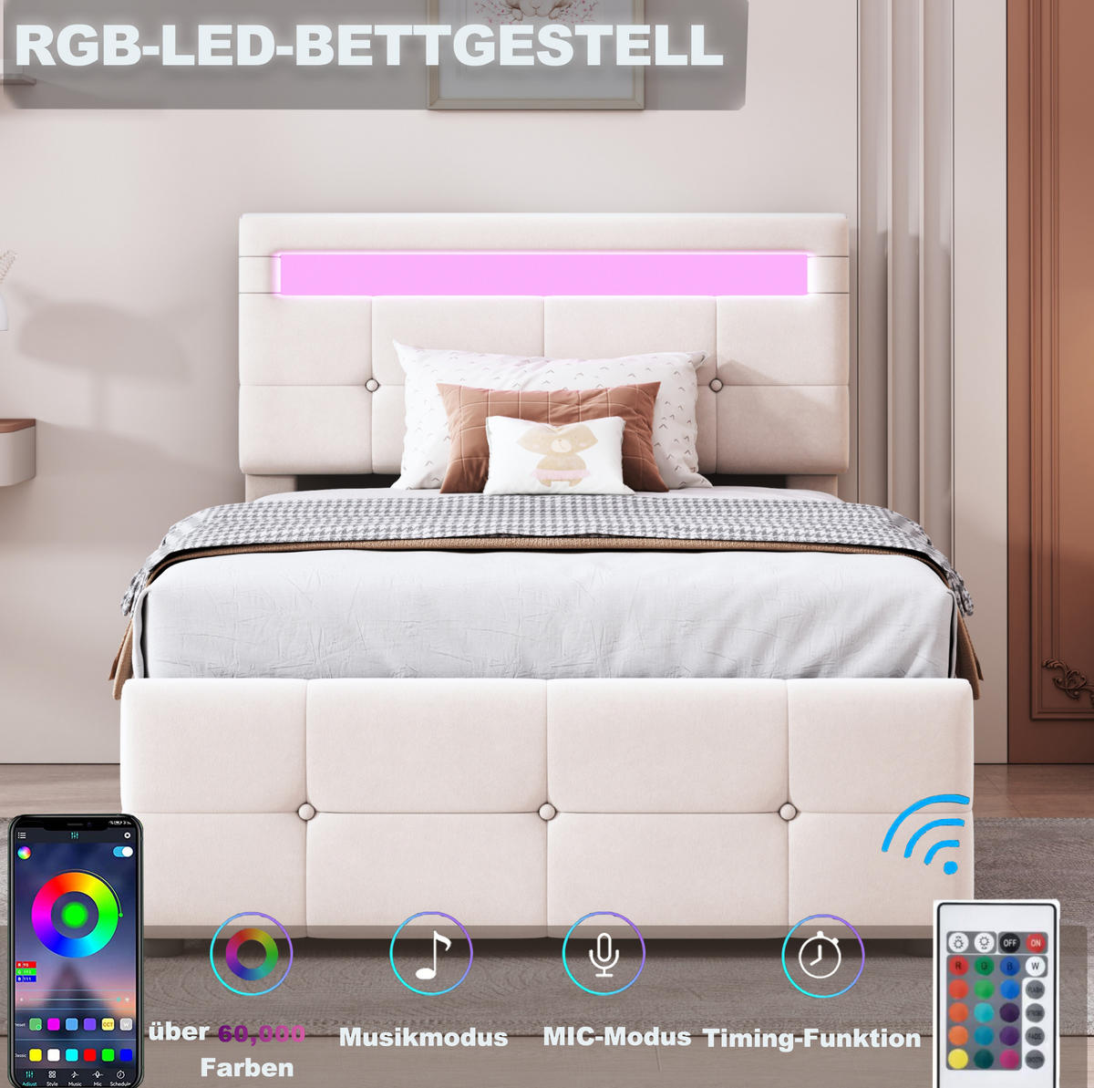 POLSTERBETT 90/200 cm Beige aus Samt mit LED-Beleuchtung und Stauraum - Beige, Textil (90/200cm) - OKMYHOME