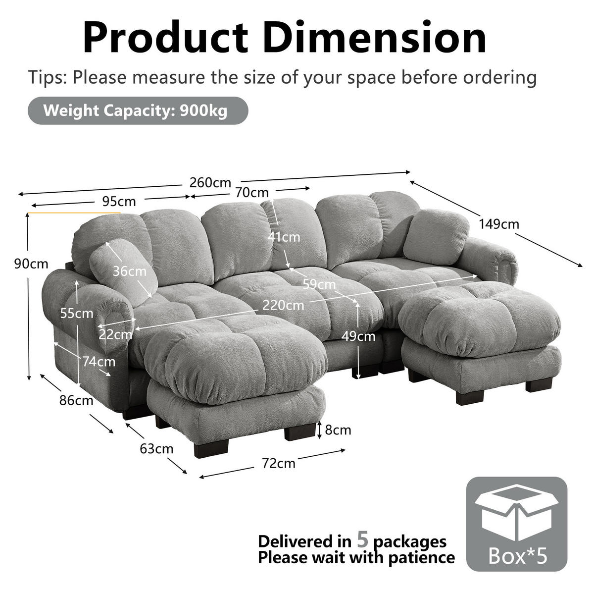 SOFA in U-Form mit Chenille Hellgrau - Hellgrau, Holz (149/90/260.1cm) - Meubliv