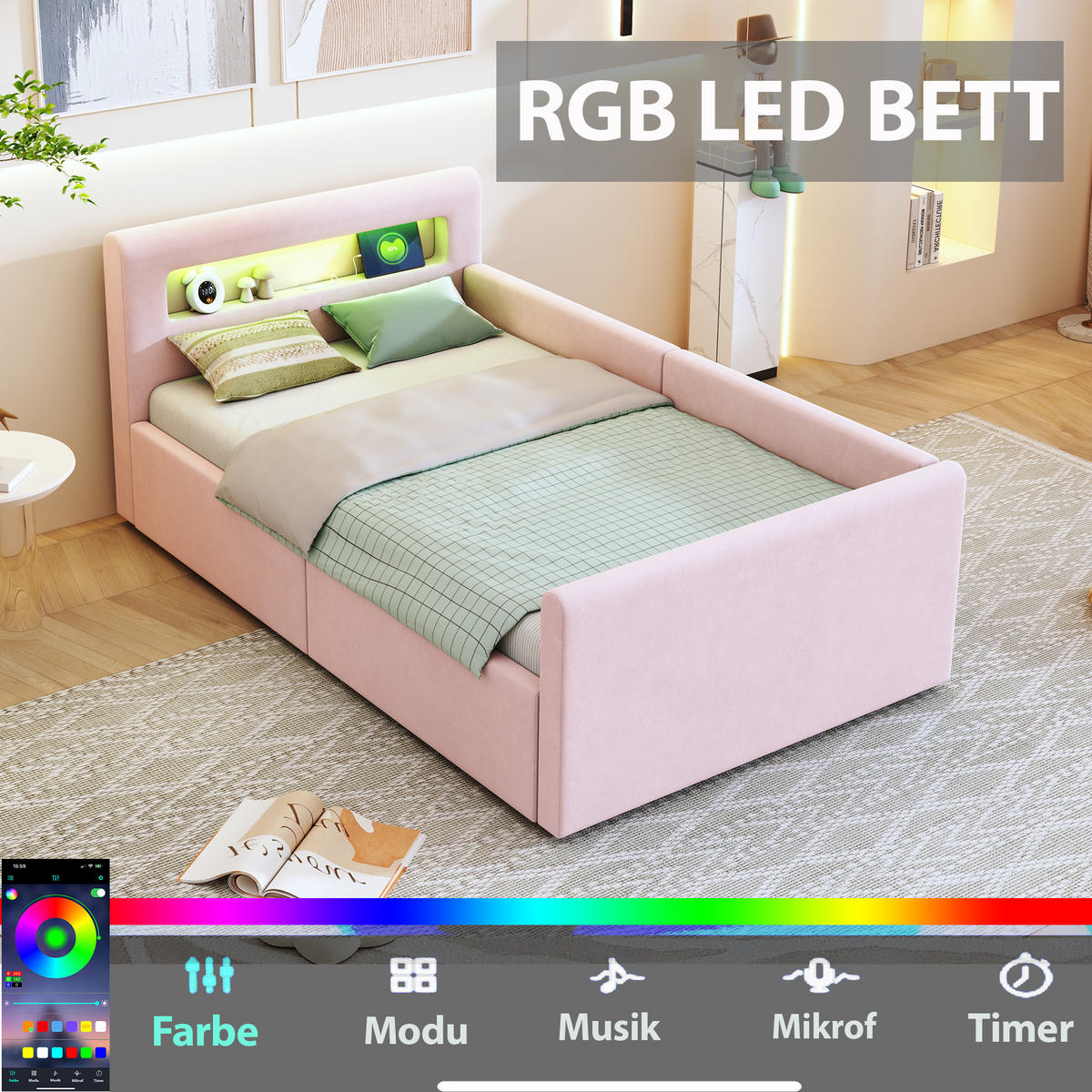 KINDERBETT 90/200 cm in Rosa Samt mit Stauraum, LED und USB - Rosa, Holzwerkstoff/Textil (90/200cm) - WISHDOR