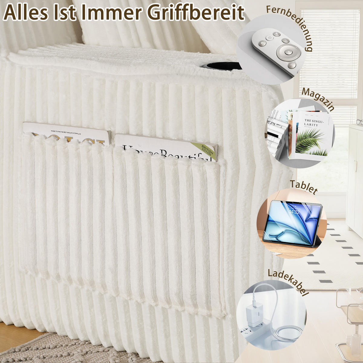 SCHLAFSOFA mit Relaxfunktion, Kordstoff, mit Seitentasche, Getränkehalter und abnehmbaren Kissen, Beige - Beige, Kunststoff (186/78/154cm) - Redom