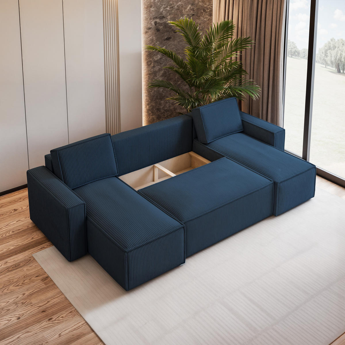 WOHNLANDSCHAFT PESANO P Blau Kordstoff mit Schlaffunktion - Blau, Holz (306/85/140cm) - MASSENO