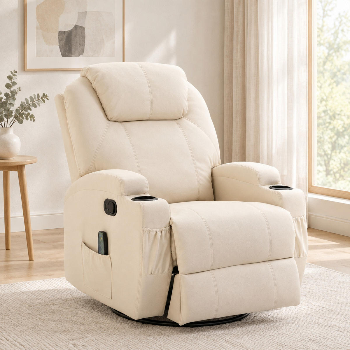 RELAXSESSEL in Cremeweiß 92x84x109 cm mit Massagefunktion, Schaukelfunktion und Drehfunktion - Creme, Leder (84/109/92cm) - IVMEU