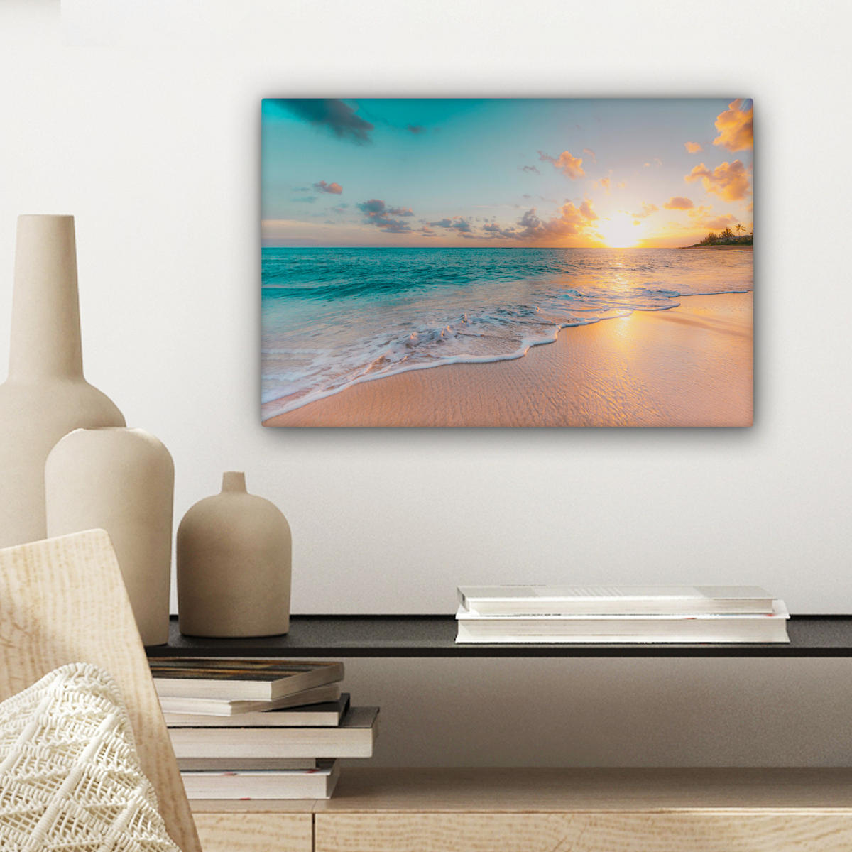 LEINWANDBILD - Sonnenuntergang - Strand - Meer - Sommer - Blau - 30x20 - Deko XXL - Multicolor, Textil (30/20cm) - MuchoWow