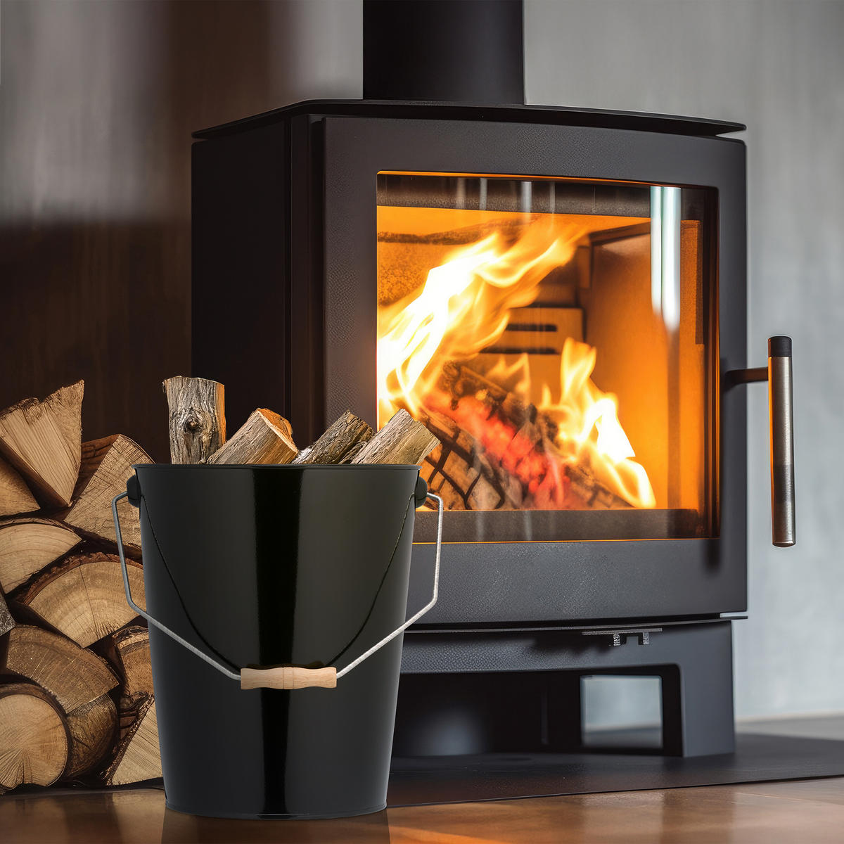 KOHLENEIMER - Schwarz, Holz/Metall (28/31.5/38cm) - Relaxdays