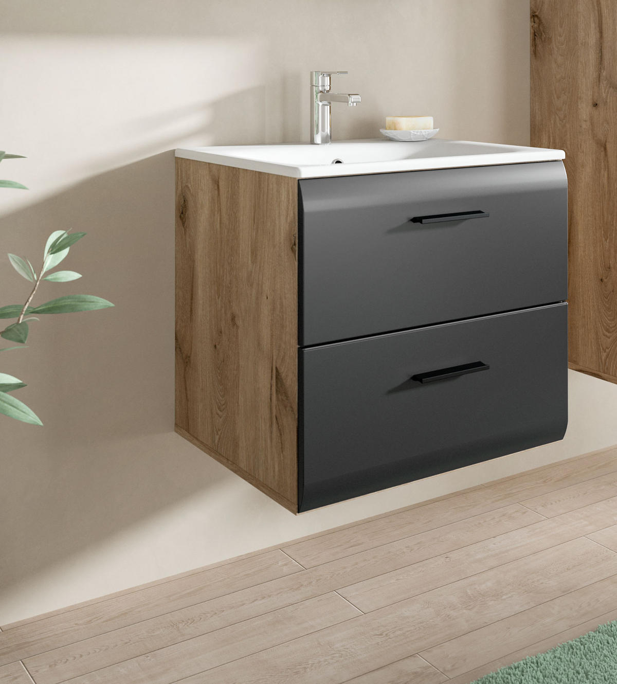 WASCHTISCH mit Waschbecken, schwarz matt, Eiche Nox, Waschtischunterschrank 60 cm mit Schubkästen - Eichefarben/Schwarz, Keramik/Holzwerkstoff (60/55/46cm) - Inn.Furn