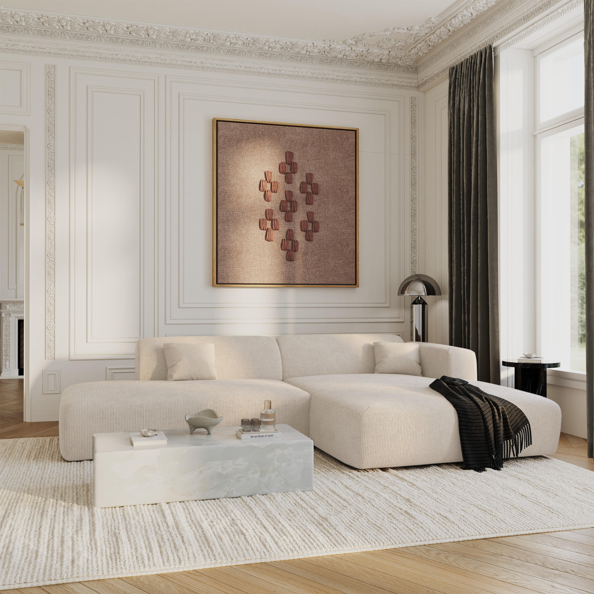 ECKSOFA RECHTS Gerippter Samt Creme 310cm - Creme, Textil (300/96cm) - Sia Home