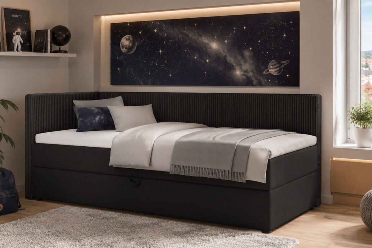 BOXBETT RICO 90/200 in Cord/Velours Schwarz H4 rechts - Schwarz, Holz/Holzwerkstoff (90/200cm) - Deine Möbel 24