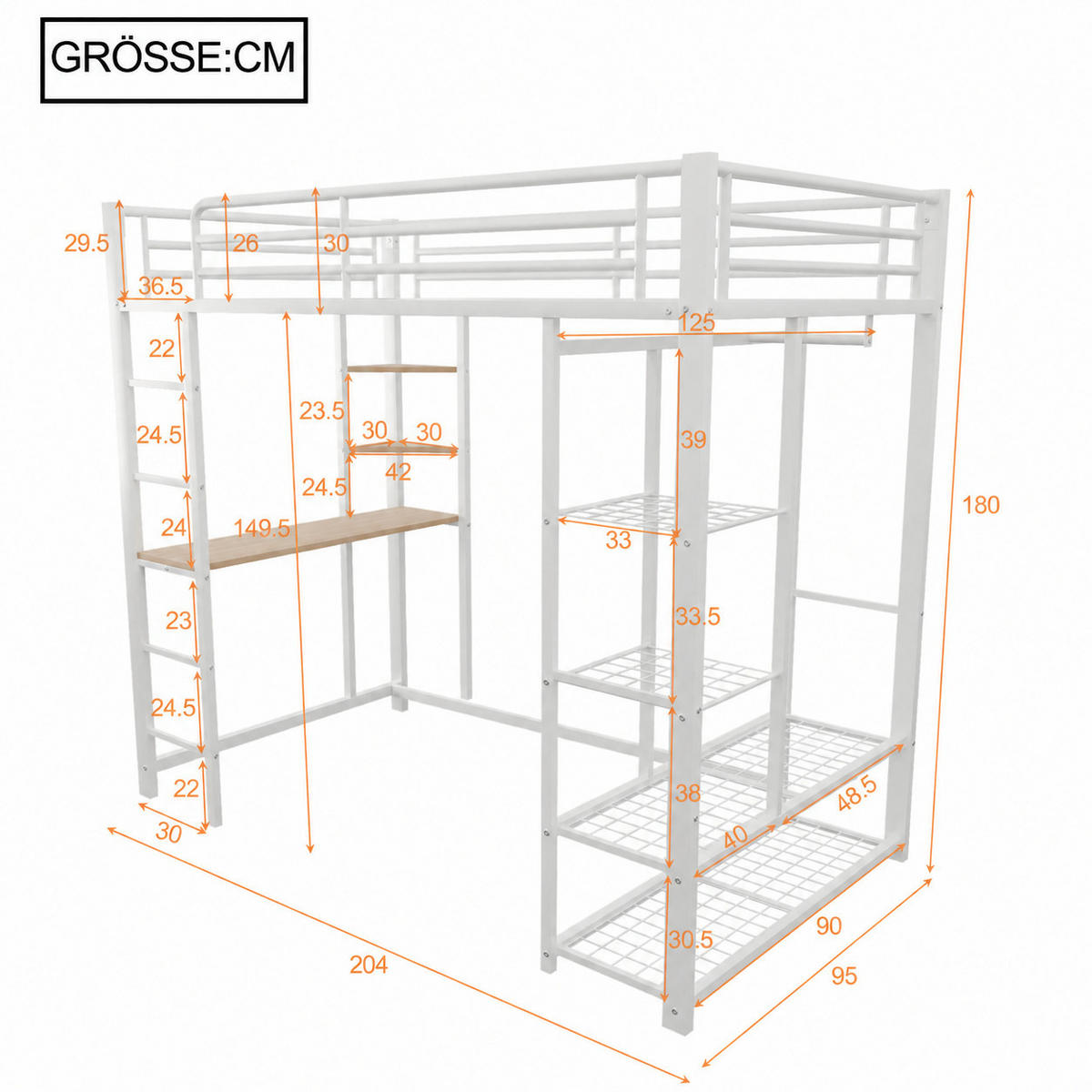 HOCHBETT 90/200 cm Weiß mit Leitern, Tische und Ablagefächern - Weiß, Metall (90/200cm) - Oxeza