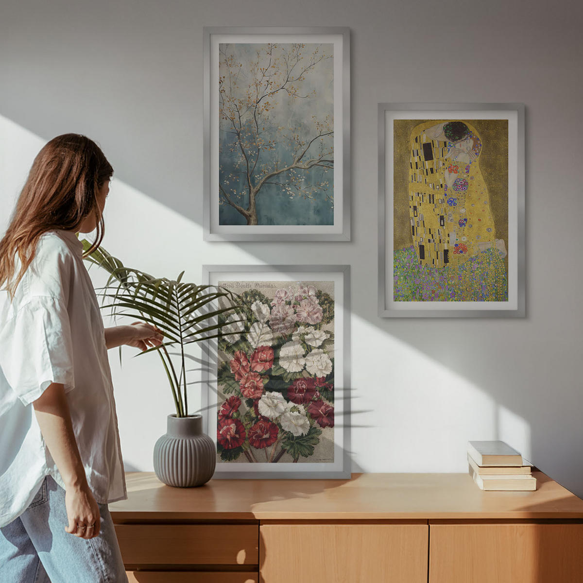 WANDBILDER 3er Set - 40x60 cm Silberner Rahmen - Blumen des Baumes (Gemälde von Klimt) - Silberfarben, Kunststoff (40/60cm) - ArtPrintCave