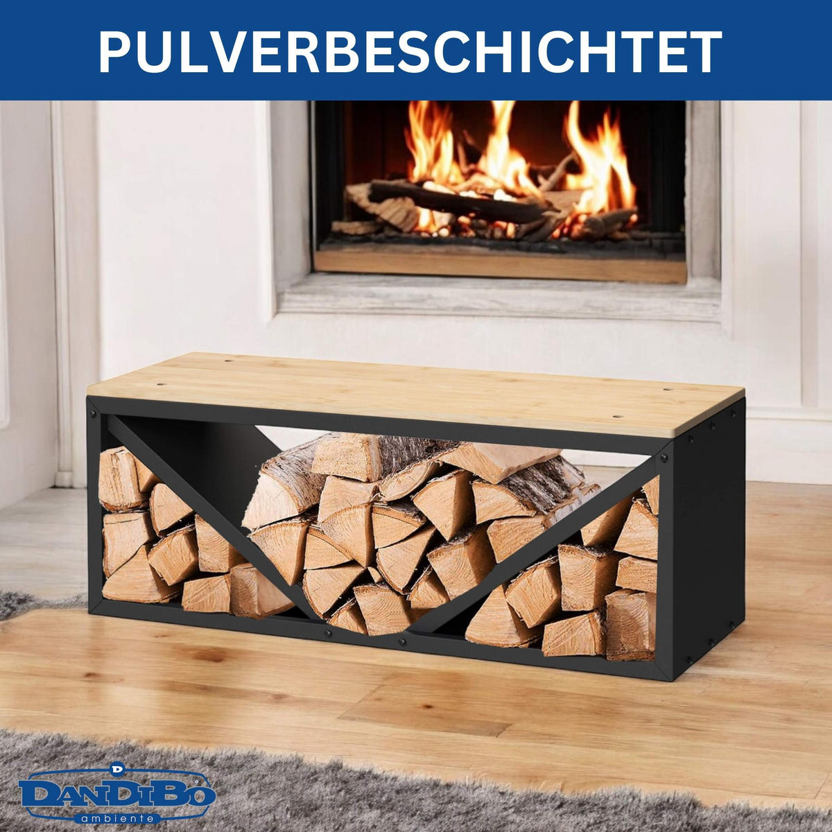 KAMINHOLZREGAL mit Sitzbank für Innen Metall Schwarz - Schwarz, Metall (102/40/35cm) - DanDiBo