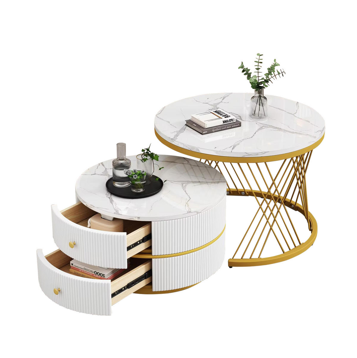 COUCHTISCH-SET 2-teilig rund, Marmoroptik Hochglanz, 2 Schubladen, 60/60/46 + 50/50/30,8 cm, weiß - Goldfarben/Weiß, Holzwerkstoff (60/60/46cm) - Redom