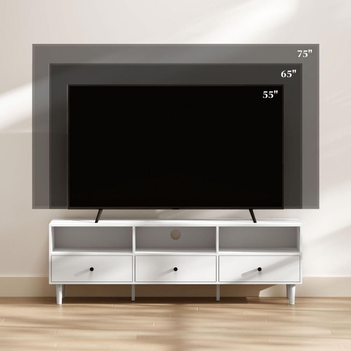 TV Lowboard 140 cm, 3 offene Fächer, Kabeldurchlass, Weiß - Weiß, Holz (140/45/34cm)