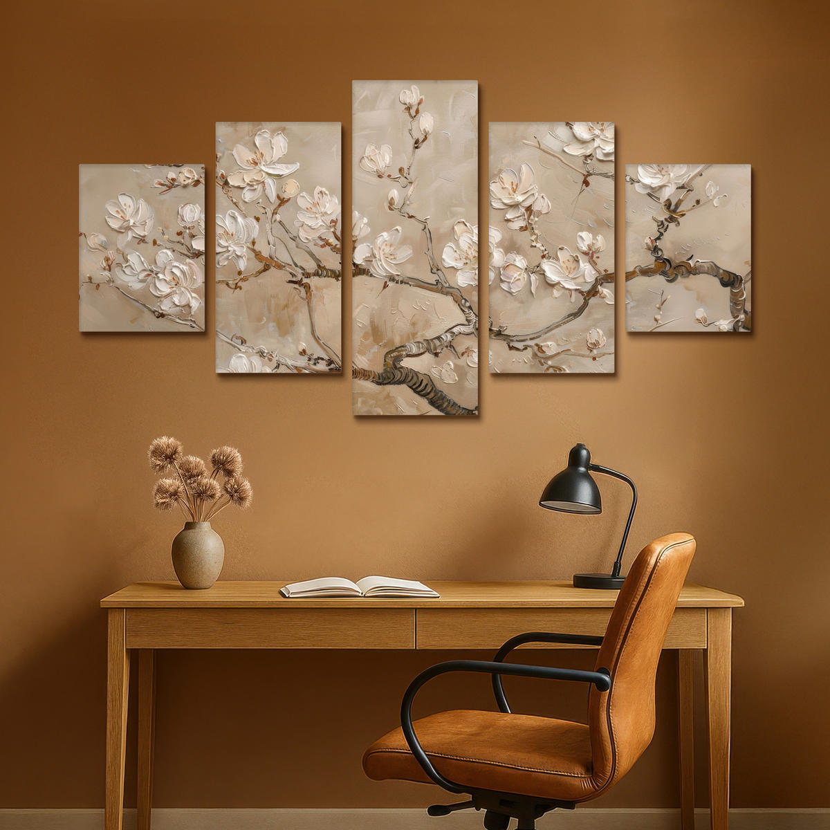 LEINWANDBILD 5er Set Beige - Blüte - Modern 150x80 cm - Greige, Textil (150/80cm) - MuchoWow
