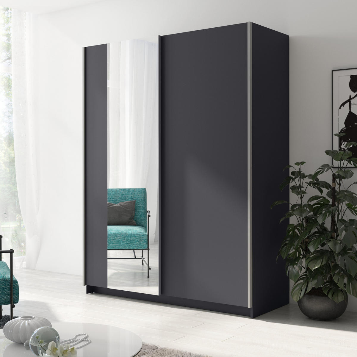 SCHWEBETÜRENSCHRANK 2-Türen 180 cm mit Spiegel in Graphit - Graphitfarben, Holzwerkstoff (62/198.5/180.6cm) - Home Collective