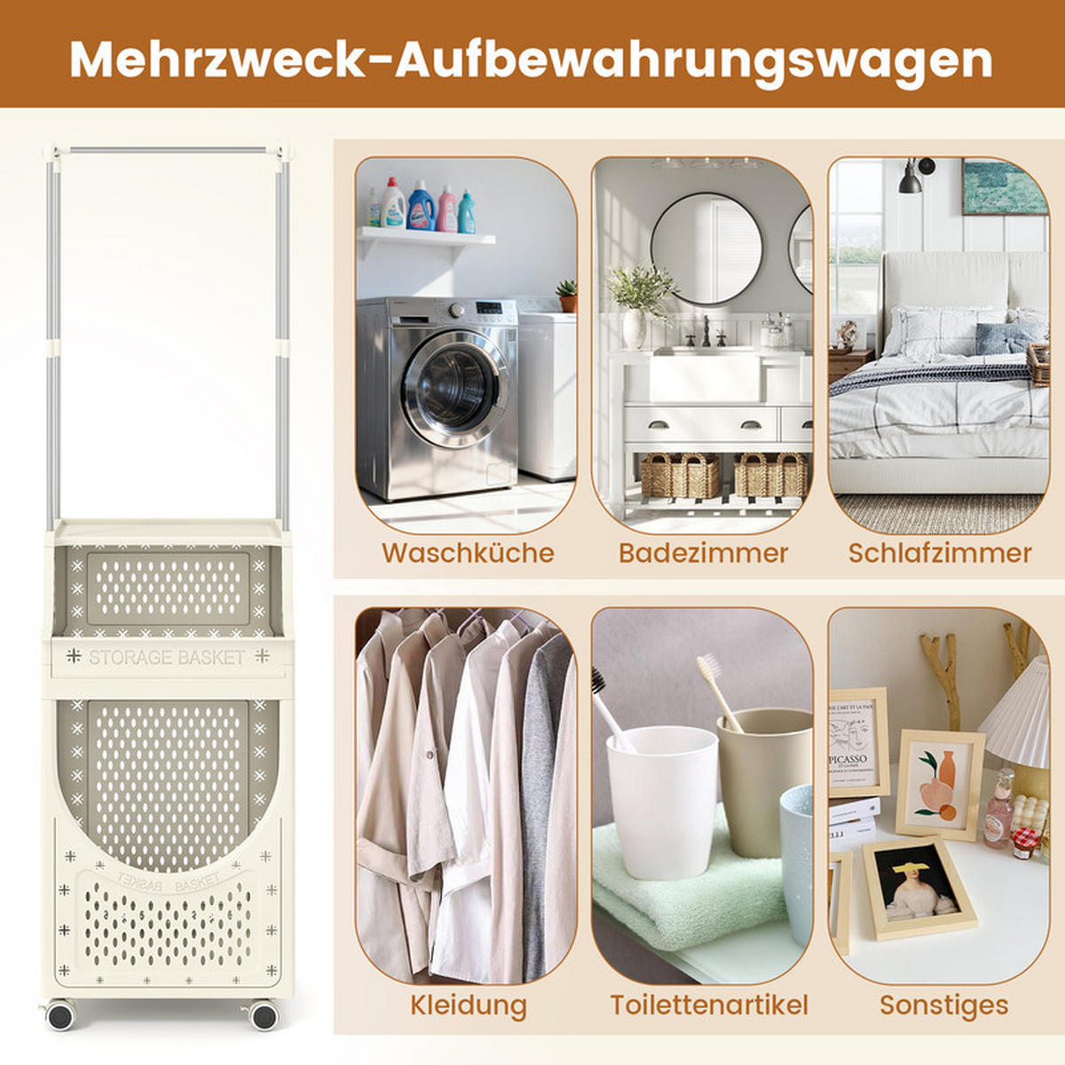 WÄSCHEKORBWAGEN mit Kleiderstange beige - Beige, Kunststoff (40/136/30cm) - COSTWAY